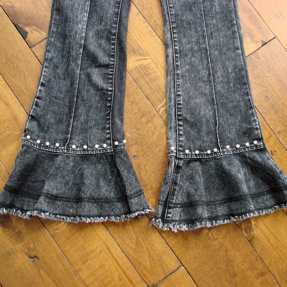 Flare Jeans Pearl Detailing Raw Hem Black Gray Boho Hippie Festival Wide Leg 6 - Picture 8 of 15